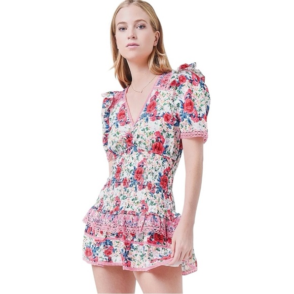 LoveShackFancy Rena Rose Floral Ruffle Mini Dress in Rush of Red Women’s Medium - Picture 3 of 16